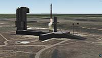 Florida space launch vehicle. 3D simulation view of space launch vehicle lifting off from platform.